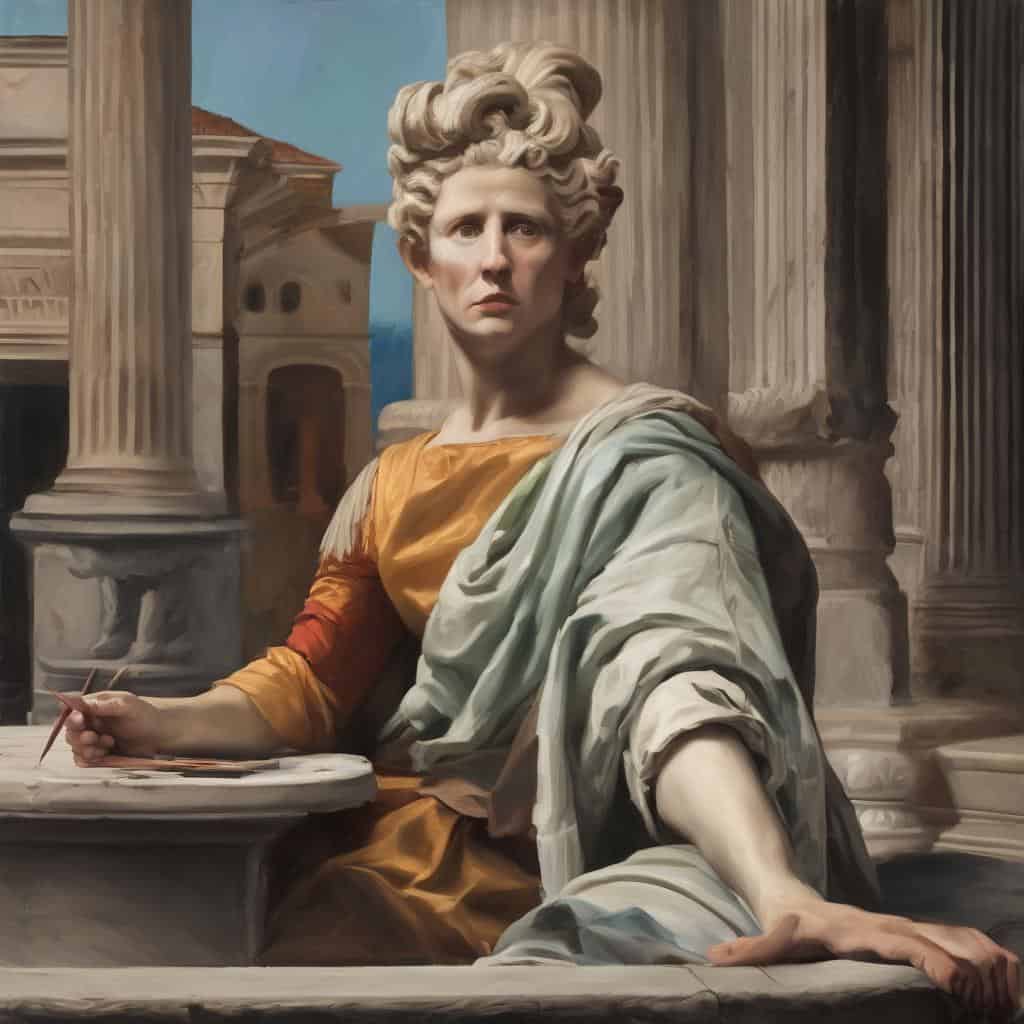 Μωσαϊκό πορτρέτο αρχαίας Ελληνίδας φιλοσόφου ή διανοούμενης, σε κλασική αρχαιοελληνική αρχιτεκτονική.