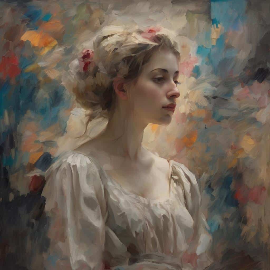 Από τα Πρώτα Βήματα στην Αθανασία, νεαρή γυναίκα σε παστέλ αποχρώσεις, σύμβολο ζωής και αθανασίας.