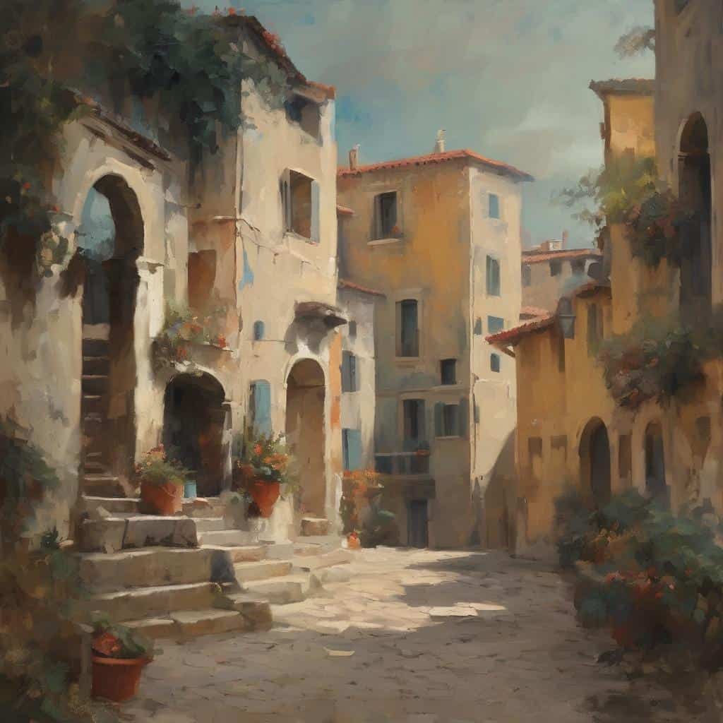 Παραδοσιακά κτίρια σε στενό πλακόστρωτο δρόμο, εικόνα με χρώμα και ποιητική ατμόσφαιρα.