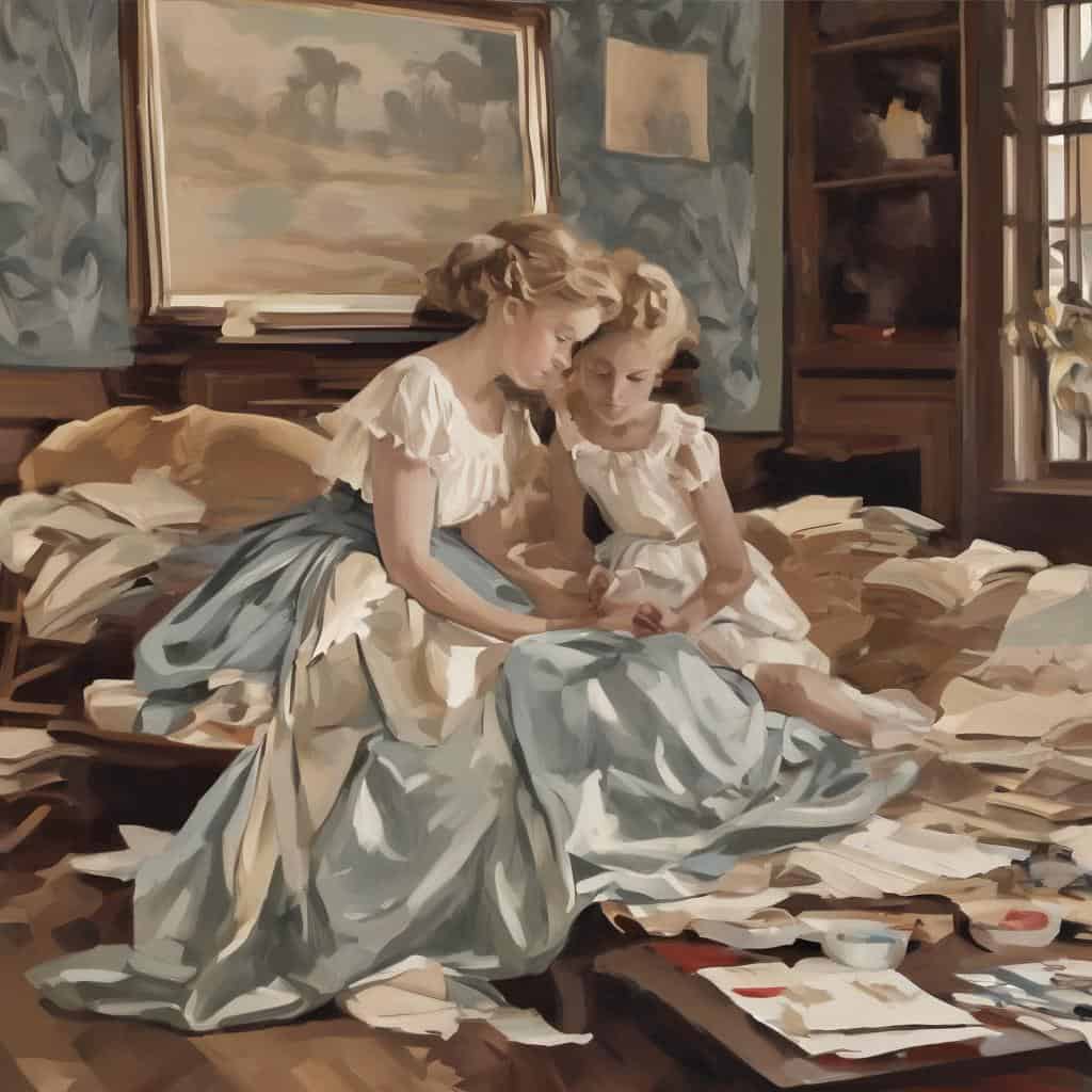 Αρνητικό στυλ ζωγραφικής με δύο γυναίκες σε εσωτερικό χώρο, διαβάζουν και συζητούν ανάμεσα σε πολλά βιβλία και έγγραφα.