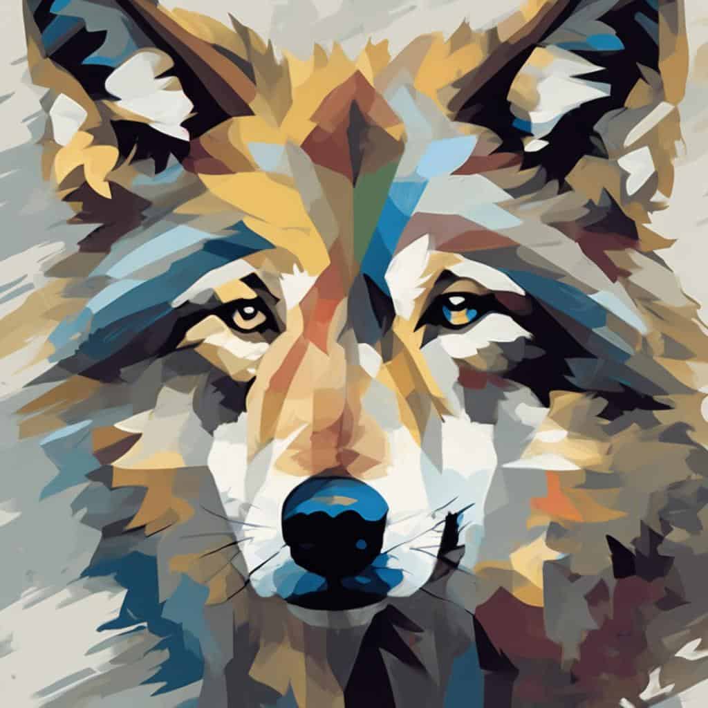 Ανθρωποειδές άγριο λύκος σε αφηρημένο στυλ, από τα πρώτα βήματα στην αθανασία.