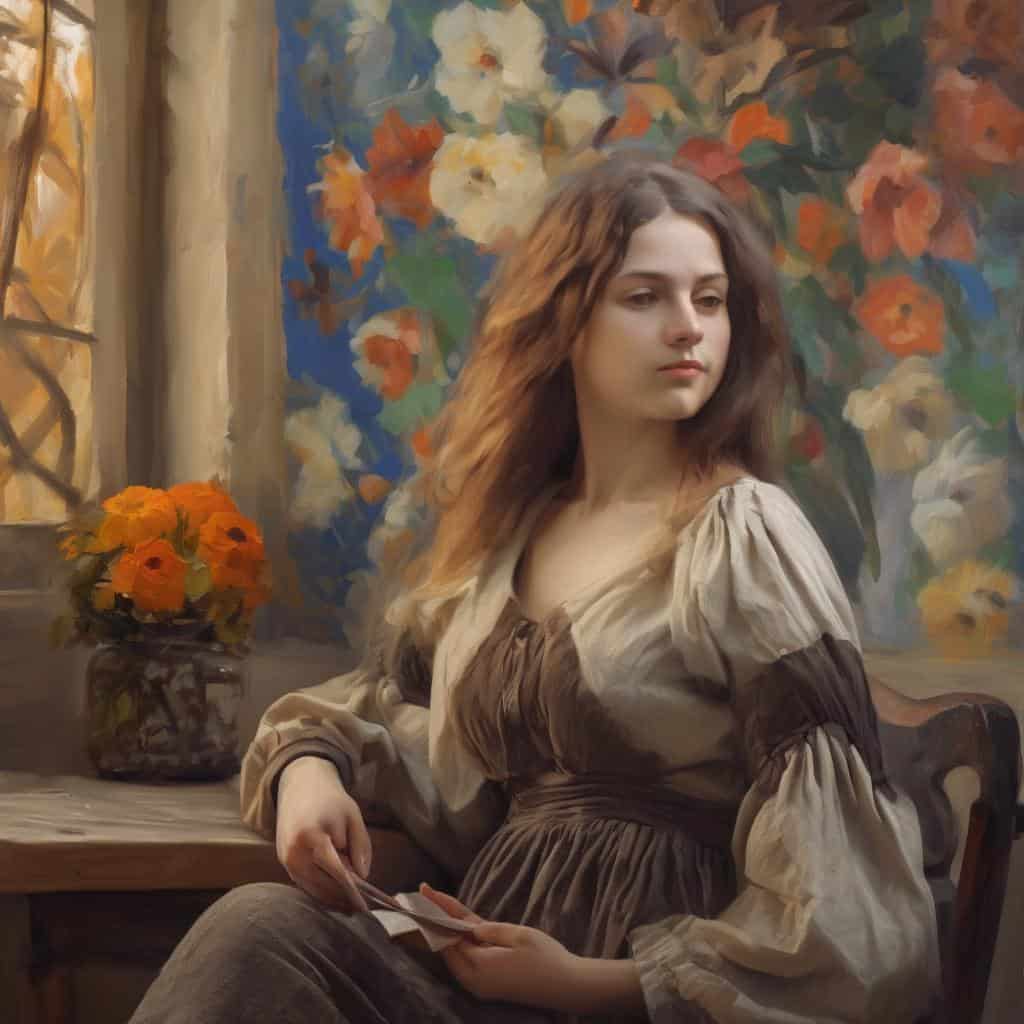 Αρχή της αιωνιότητας: νεαρή γυναίκα σε ρετρό περιβάλλον, με φόντο πίνακα λουλουδιών και λουλούδια στην άμμο.