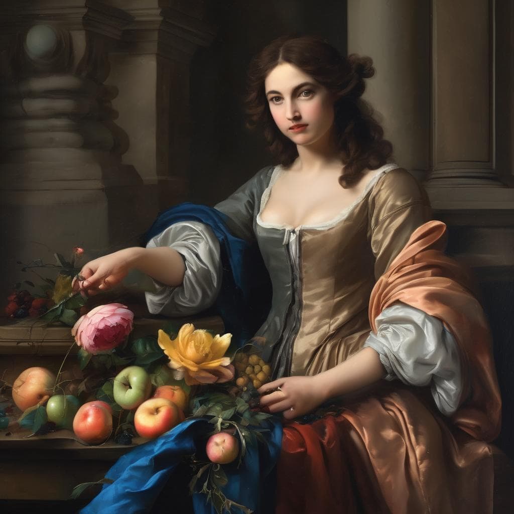 Αποκριάτικη εικόνα παλαιάς ζωγραφιάς γυναίκας με φρούτα και λουλούδια, διαχρονική τέχνη και εμβάθυνση στην αθανασία.